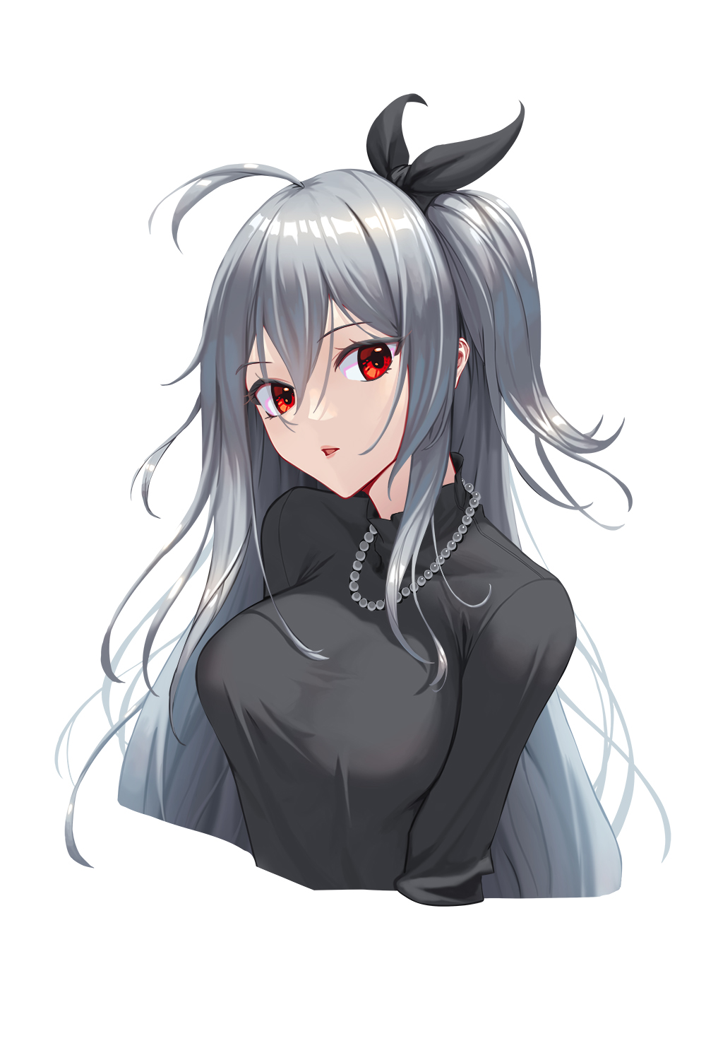 1girl, ahoge, arknights, bead_necklace, beads, black_shirt, bowlp, breasts