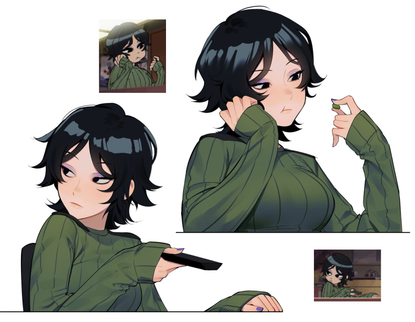 1girl, black_eyes, black_hair, breasts, chair, closed_mouth, controller, derivative_work, english_commentary, eyeshadow, fingernails, food, green_sweater, half-closed_eyes, hand_on_own_face, hand_up, hands_up, highres, holding, holding_food, holding_remote_control, hollie_hawkes, lavelis, lips, long_fingernails, long_sleeves, looking_to_the_side, makeup, medium_breasts, nail_polish, purple_eyeshadow, purple_nails, remote_control, scott_pilgrim_(series), scott_pilgrim_takes_off, screencap_redraw, short_hair, simple_background, sitting, solo, sweater, upper_body, white_background