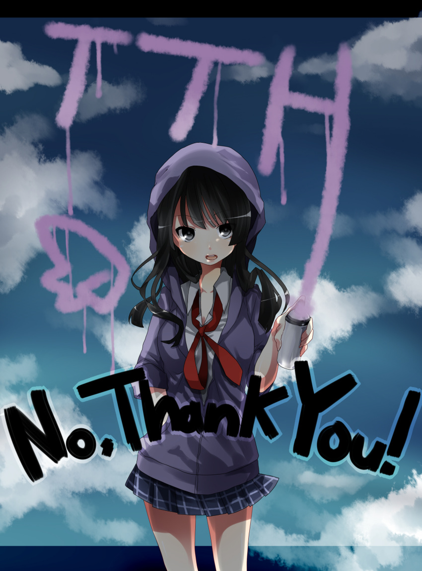 akiyama_mio, amaya_enaka, black_eyes, black_hair, breasts, graffiti, highres, hoodie