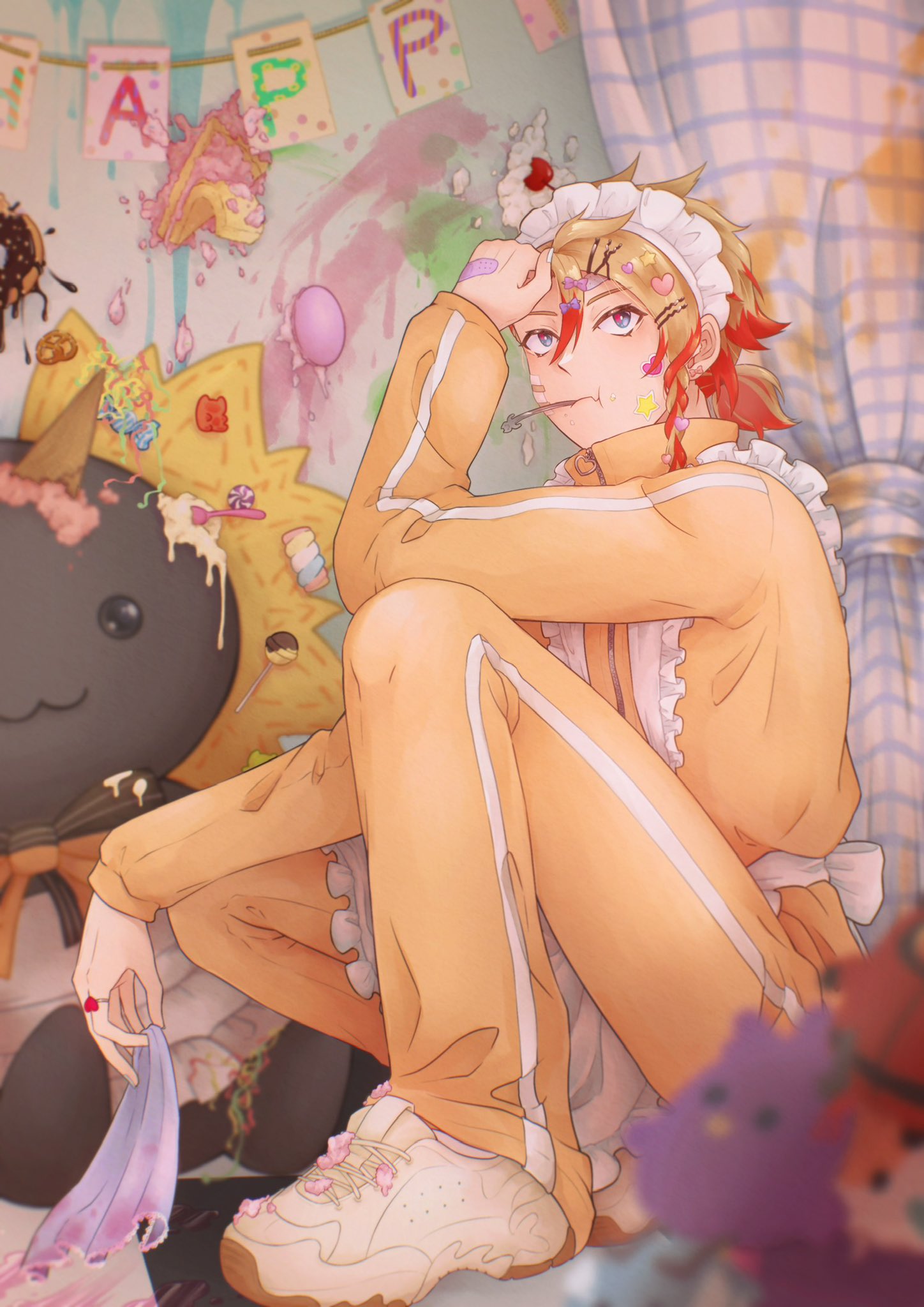 :3, apron, arm_on_knee, axel_syrios, axelotl_(axel_syrios), bandage_on_face, bandages, bandaid