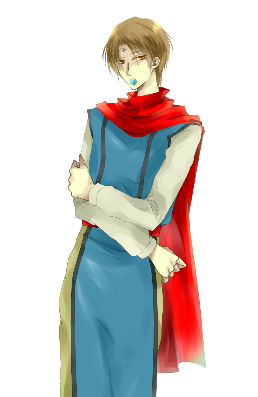 absurdres, asaka, bad_id, brown_hair, cape, crossed_arms, facial_mark, highres