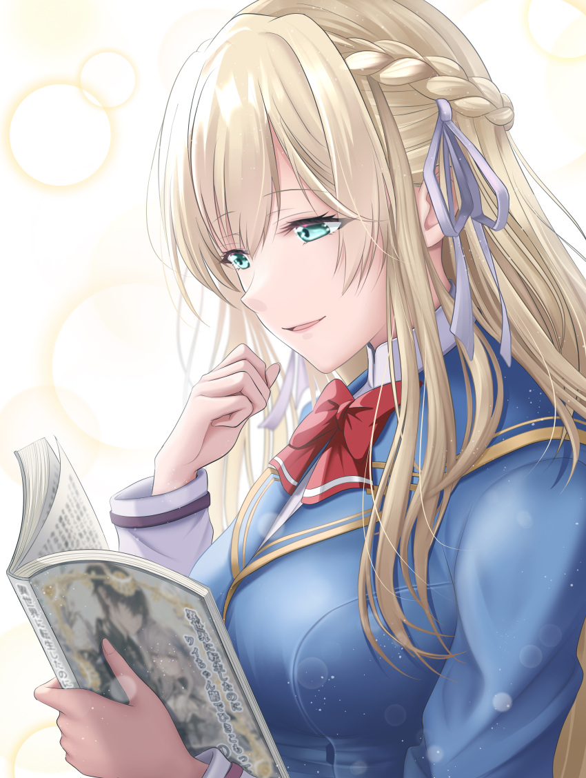 1girl, absurdres, blonde_hair, blue_jacket, book, bow, bowtie, braid