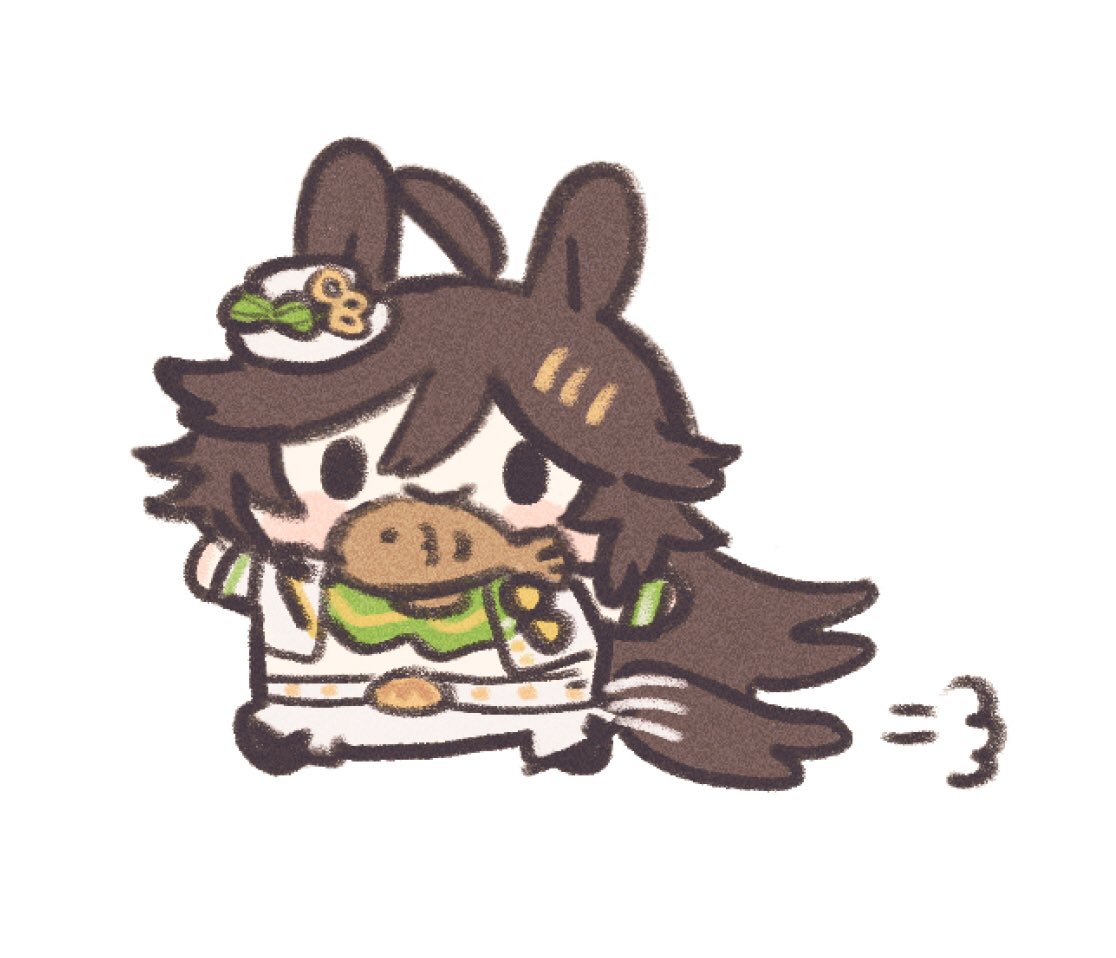 1girl, ahoge, animal_ears, belt, brown_hair, chibi, commentary_request, cropped_jacket, dyu0383, full_body, hair_between_eyes, hair_ornament, hairclip, hat, horse_ears, horse_tail, jacket, mini_hat, mini_top_hat, mouth_hold, mr._c.b._(umamusume), pants, running, simple_background, solo, tail, tilted_headwear, top_hat, umamusume, white_background, white_belt, white_headwear, white_jacket, white_pants