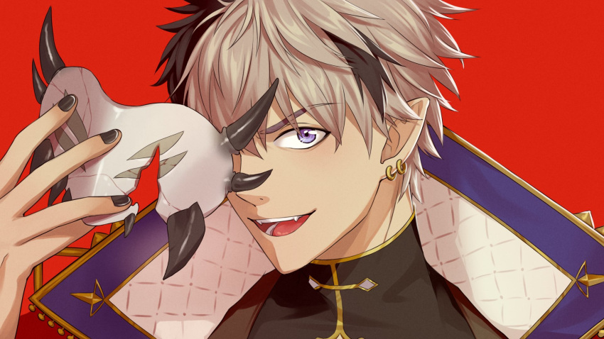 1boy, black_hair, black_nails, black_shirt, close-up, collared_jacket, cracked_mask, crimzon_ruze