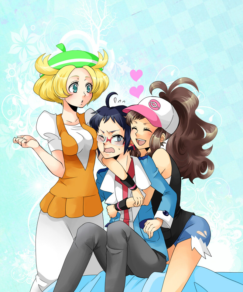 baseball_cap, bel_(pokemon), bell_(pokemon), blonde_hair, blue_eyes, blush, breast_press, breasts