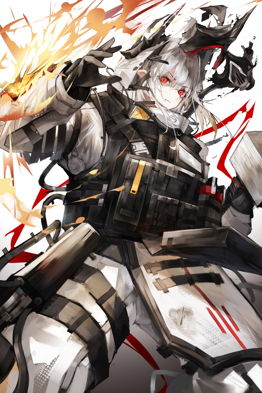 1girl, absurdres, arknights, armor, black_gloves, broken_mask, damaged, fire