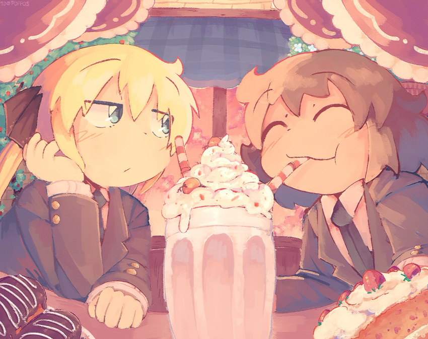 2girls, ^_^, blonde_hair, blue_eyes, blush, brown_hair, cake, closed_eyes