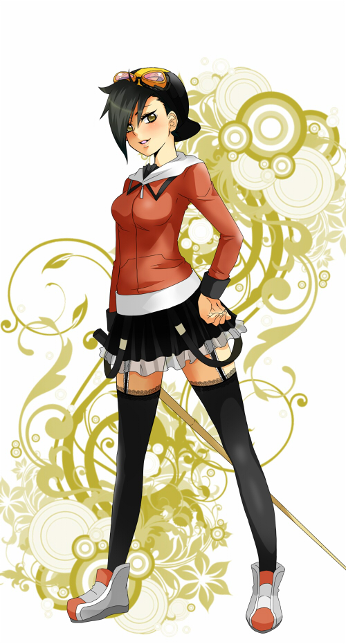 alternate_costume, backwards_hat, baseball_cap, black_hair, black_legwear, black_thighhighs, cue_stick, garter_belt, genderswap, goggles, goggles_on_head, gold_(pokemon), hand_on_hip, hat, legs, lips, minto, pokemon, pokemon_(game), pokemon_gsc, pokemon_special, skirt, solo, thigh-highs, thighhighs, yellow_eyes, zettai_ryouiki