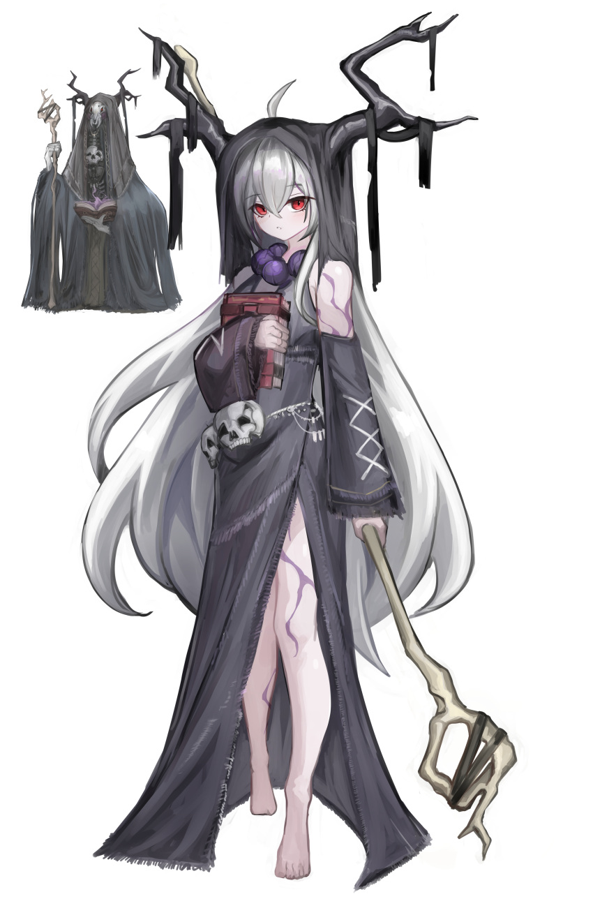 1girl, absurdres, ahoge, aokuma_(yuuran_create), barefoot, bead_necklace, beads, black_dress