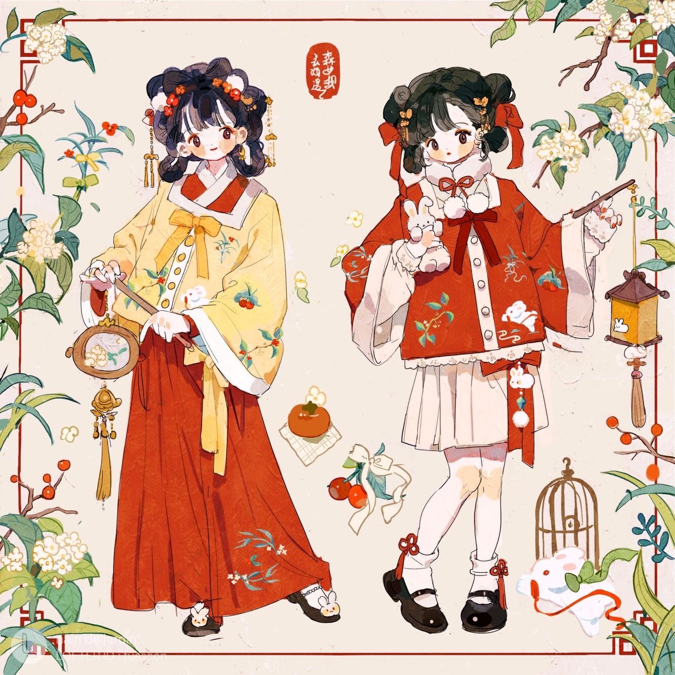 2girls, animal_print, birdcage, black_footwear, black_hair, blush_stickers, bow, bow-shaped_hair