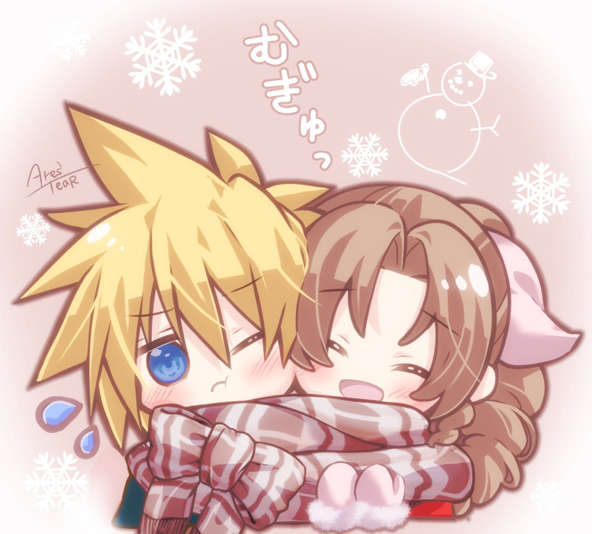 1boy, 1girl, aerith_gainsborough, alternate_costume, arestear0701, blonde_hair, blue_eyes, blush