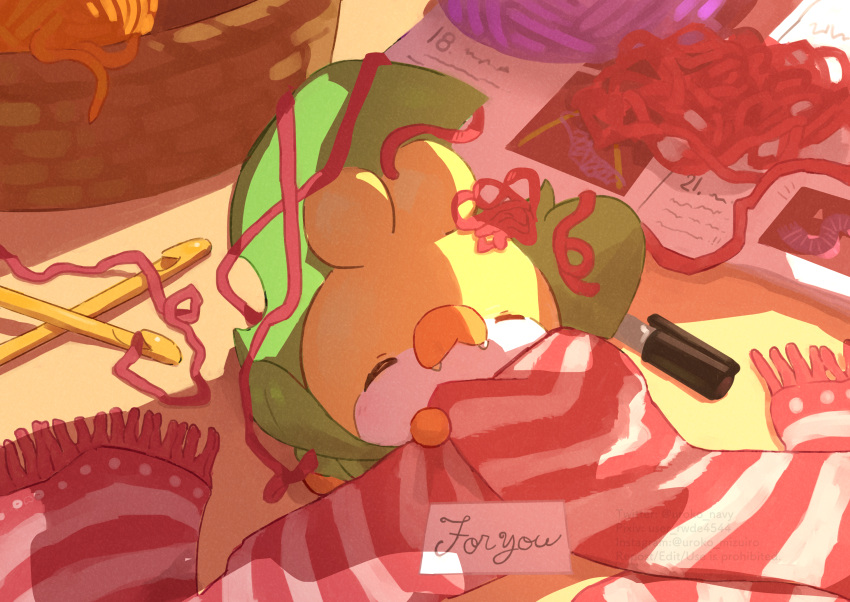 closed_eyes, commentary_request, fangs, fangs_out, highres, knitting_needle, lying, needle, no_humans, on_back, pen, pink_scarf, pokemon, pokemon_(creature), scarf, sewaddle, solo, striped, striped_scarf, uroko_(rwde4544), yarn