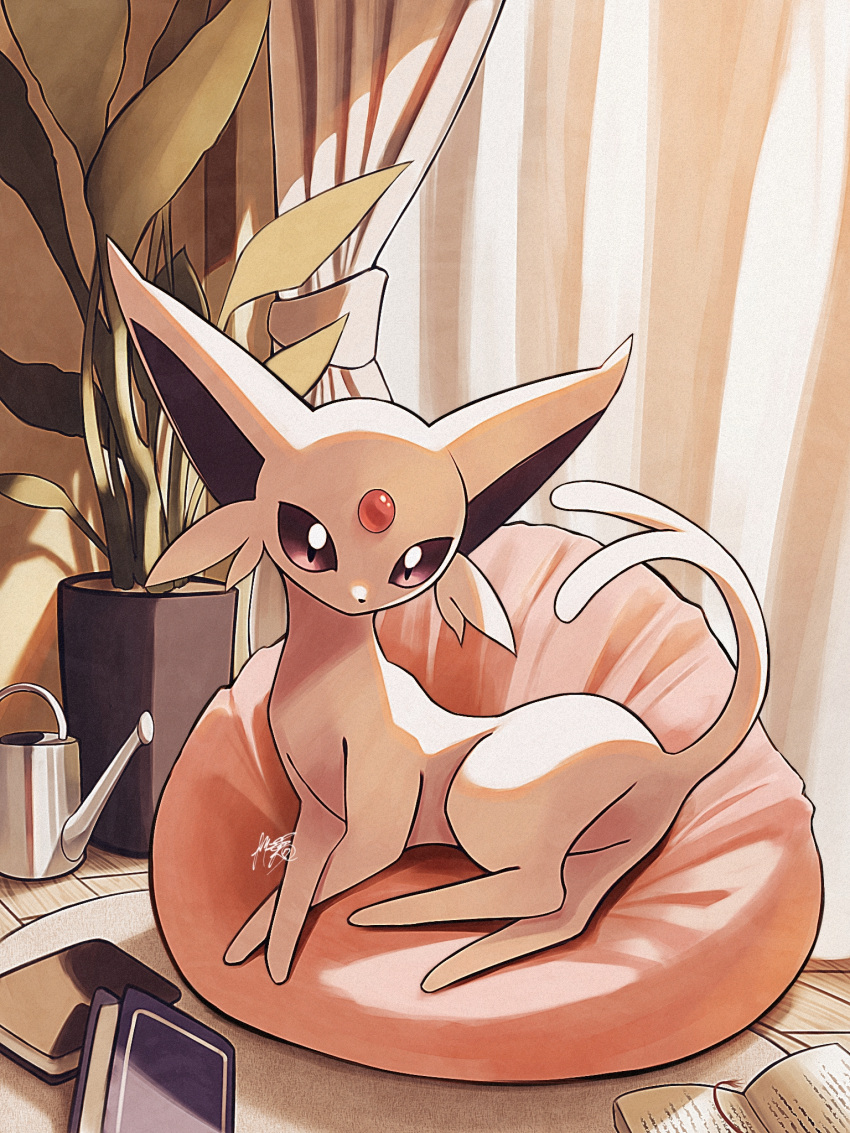 book, commentary_request, curtains, cushion, espeon, forehead_jewel, forked_tail, highres