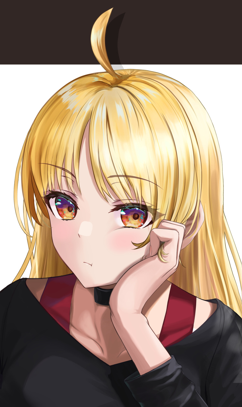 1girl, :t, absurdres, ahoge, black_shirt, blonde_hair, bocchi_the_rock!, brown_eyes