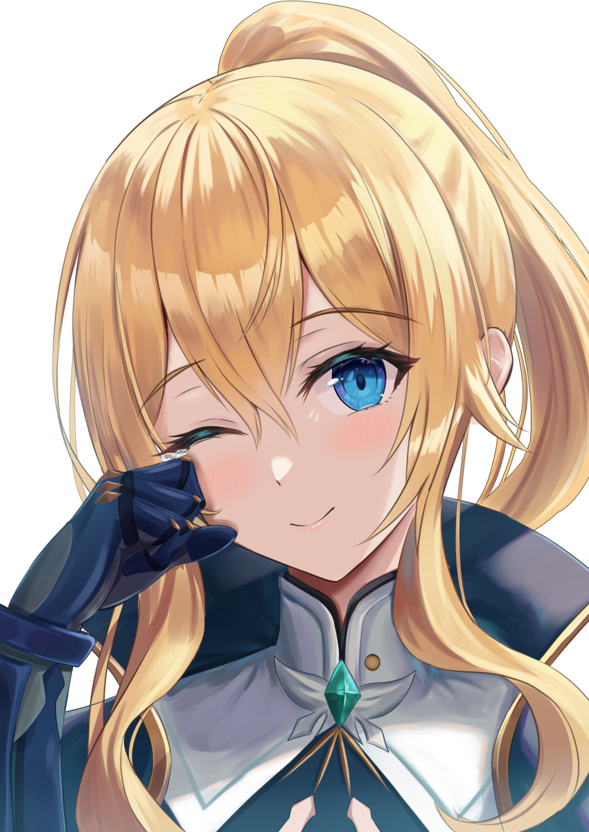 1girl, absurdres, blonde_hair, blue_eyes, blue_gloves, closed_mouth, commentary_request, genshin_impact