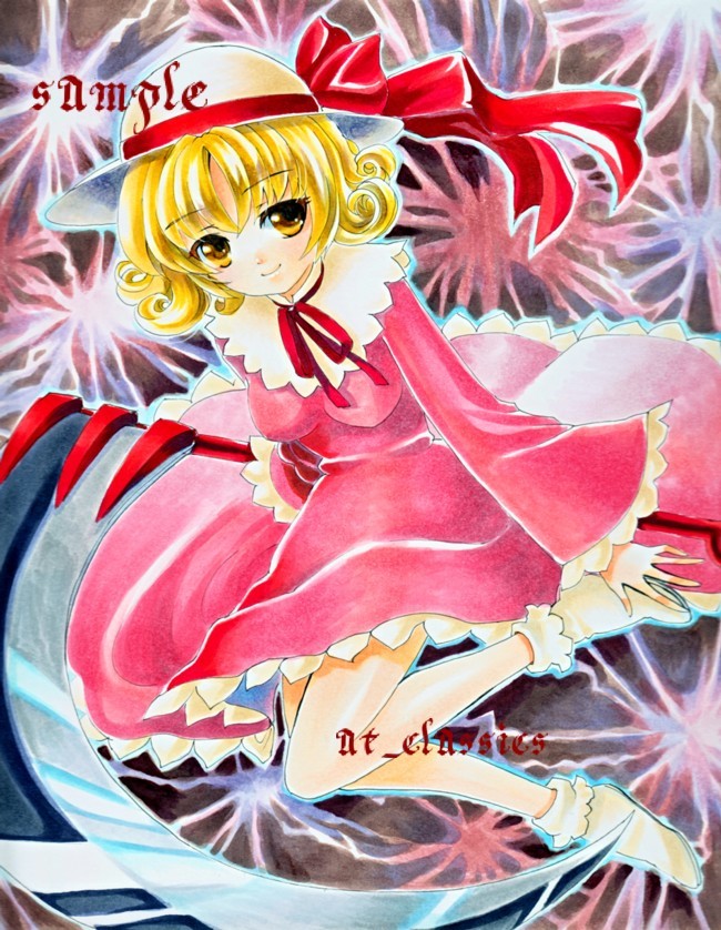 at_classics, bad_id, blonde_hair, curly_hair, elly, hat, hat_ribbon, marker_(medium), ribbon, sample, scythe, smile, solo, touhou, touhou_(pc-98), traditional_media, yellow_eyes