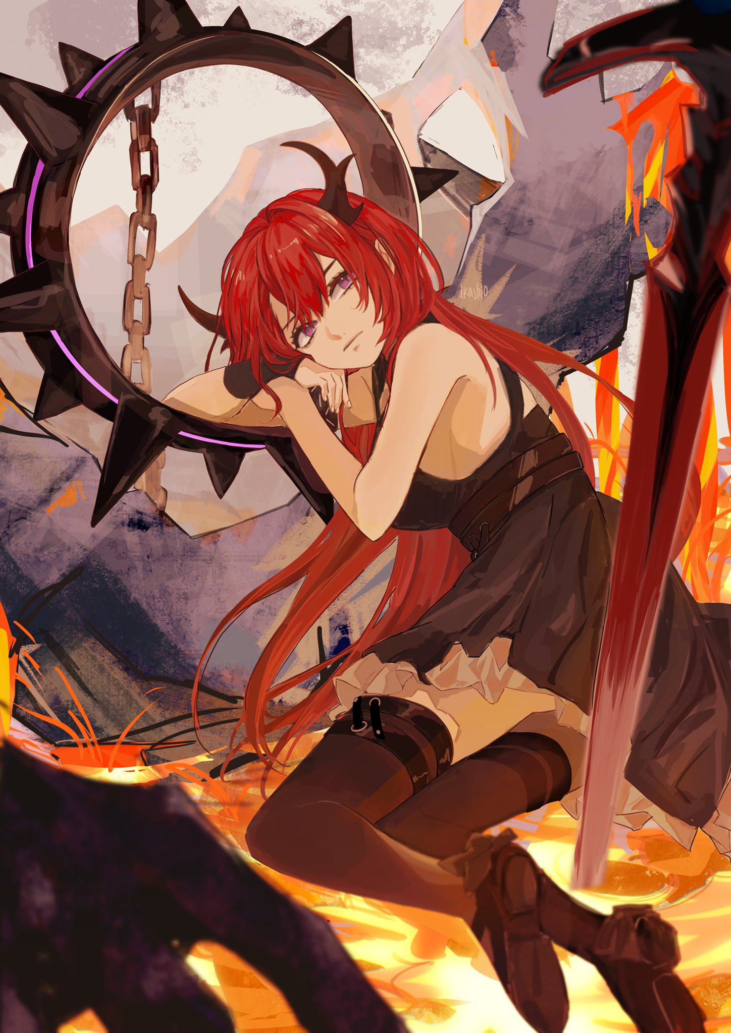 1girl, arknights, arm_support, black_dress, black_thighhighs, commentary, demon_girl, demon_horns, dress, fire, frown, highres, horns, k-yosinori, long_hair, looking_at_viewer, lying, molten_rock, on_side, redhead, sidelocks, sitting, solo, spaghetti_strap, surtr's_golem_(arknights), surtr_(arknights), sword, thigh-highs, thigh_strap, weapon, wrist_guards, yokozuwari