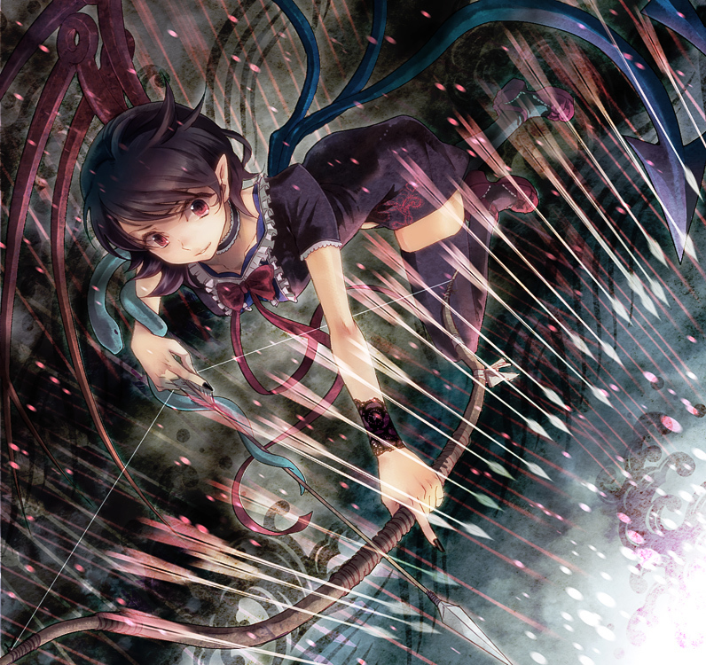 asymmetrical_wings, black_hair, black_legwear, black_thighhighs, bow_(weapon), dress, houjuu_nue, miyuki_ruria