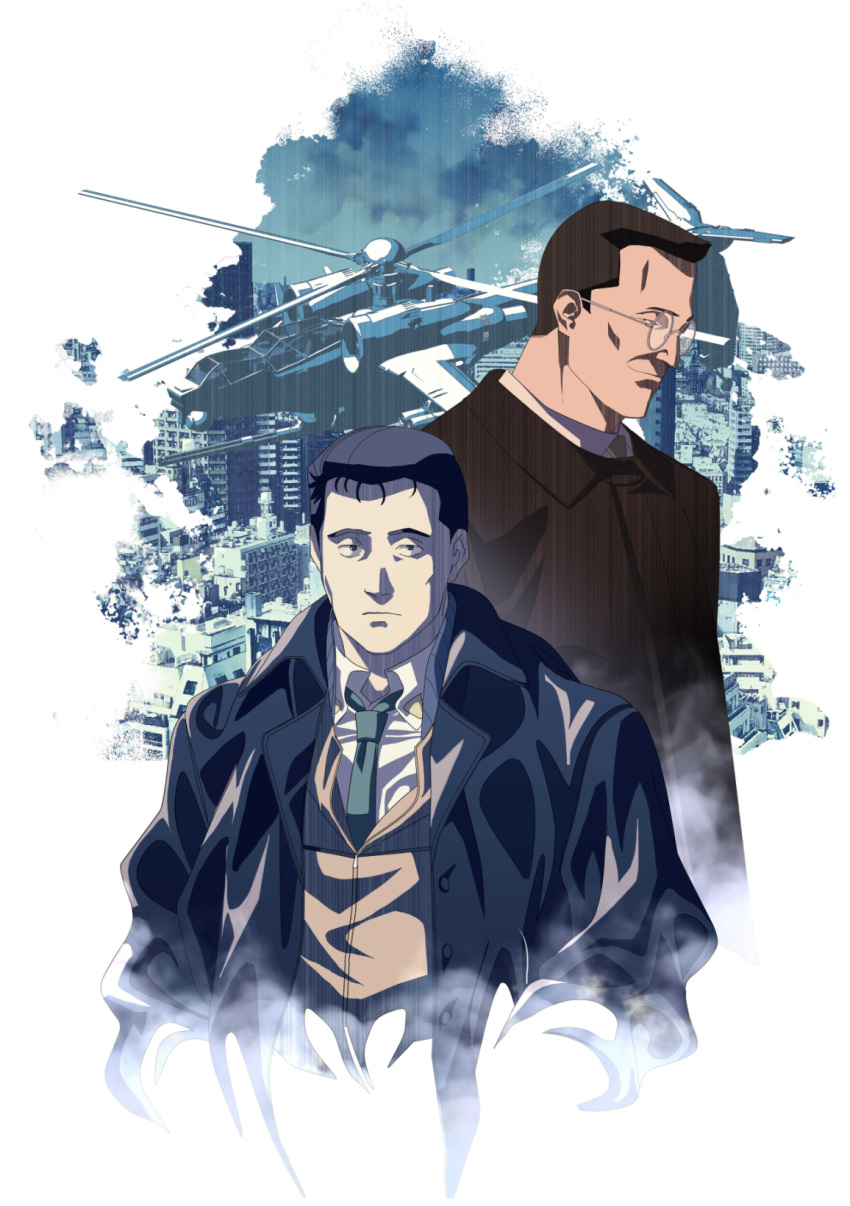 2boys, ah-88_hellhound, aircraft, black_coat, black_hair, cityscape, coat, collared_shirt, edoya_inuhachi, expressionless, glasses, gotou_kiichi, hands_in_pockets, helicopter, highres, kidou_keisatsu_patlabor, kidou_keisatsu_patlabor_2_the_movie, light_smile, looking_to_the_side, multiple_boys, necktie, open_clothes, open_coat, round_eyewear, shigeki_arakawa, shirt, vest