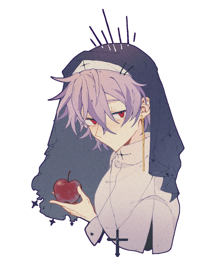1boy, apple, capelet, chinese_commentary, coif, commentary_request, cross, cross_necklace, crossed_bangs, earrings, film_grain, food, fruit, guangfeiji, habit, hair_between_eyes, highres, holding, holding_food, holding_fruit, jewelry, long_sleeves, male_focus, necklace, no_mouth, nun, purple_hair, red_eyes, saibou_shinkyoku, short_hair, simple_background, solo, theodore_riddle, traditional_nun, white_background, white_capelet