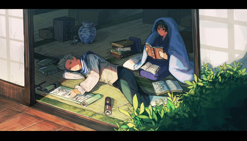 2boys, absurdres, arm_pillow, axis_powers_hetalia, black_hair, blanket, blonde_hair, blue_kimono