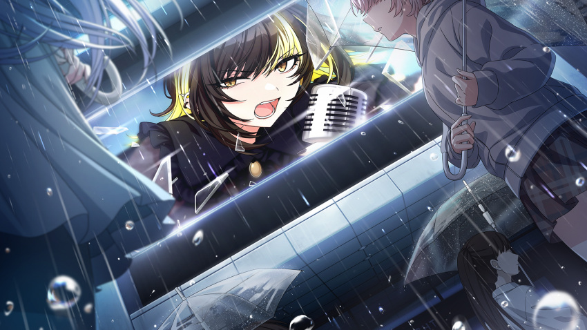 4girls, black_hair, black_jacket, blonde_hair, blue_hair, breasts, brown_hair, cometik_(idolmaster)