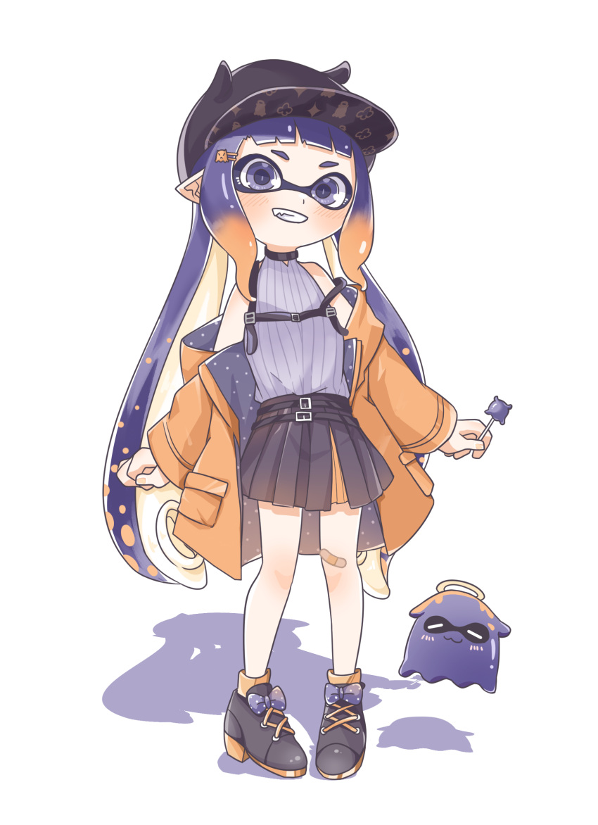1girl, 8_nana_usagi, bandaid, bandaid_on_leg, black_headwear, black_skirt, candy, fang, food, full_body, gradient_hair, grin, hat, highres, holding, holding_candy, holding_food, holding_lollipop, hololive, hololive_english, inkling, jacket, jacket_partially_removed, lollipop, looking_at_viewer, multicolored_hair, ninomae_ina'nis, orange_jacket, pleated_skirt, pointy_ears, purple_hair, shadow, shirt, skirt, sleeveless, smile, splatoon_(series), striped, striped_shirt, takodachi_(ninomae_ina'nis), tentacle_hair, vertical-striped_shirt, vertical_stripes, virtual_youtuber, white_shirt