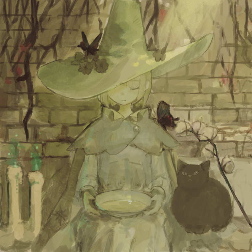 1girl, black_cat, bob_cut, bowl, brick_wall, bug, butterfly, butterfly_on_head