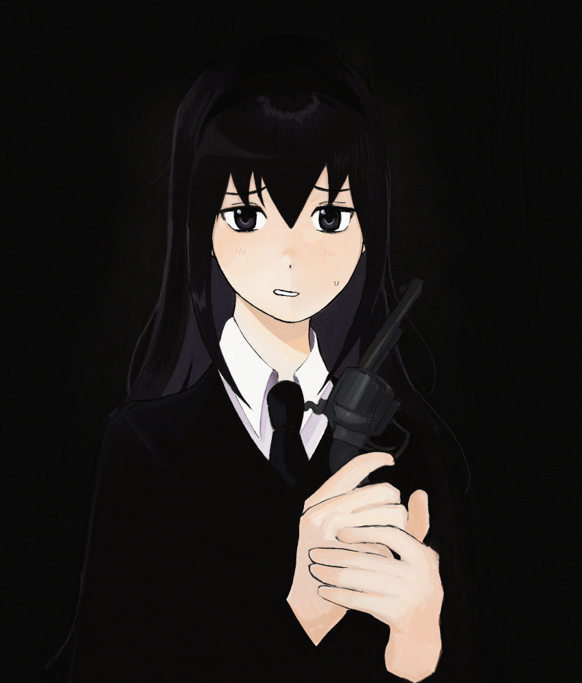 1girl, absurdres, akemi_homura, black_background, black_hairband, black_necktie, commentary, english_commentary