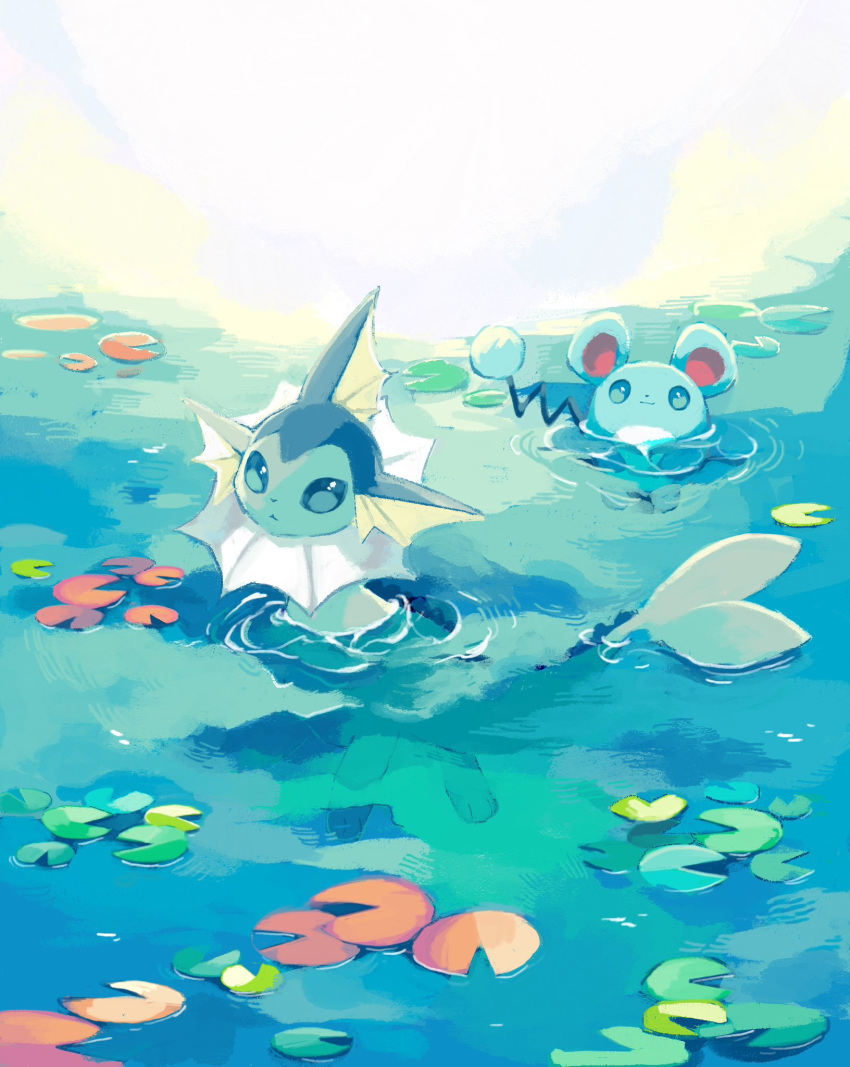 afloat, animal_focus, black_eyes, blue_skin, closed_mouth, colored_skin, fins, forked_tail, head_fins, highres, lily_pad, marill, merino_(merino_9999), no_humans, pokemon, pokemon_(creature), tail, vaporeon