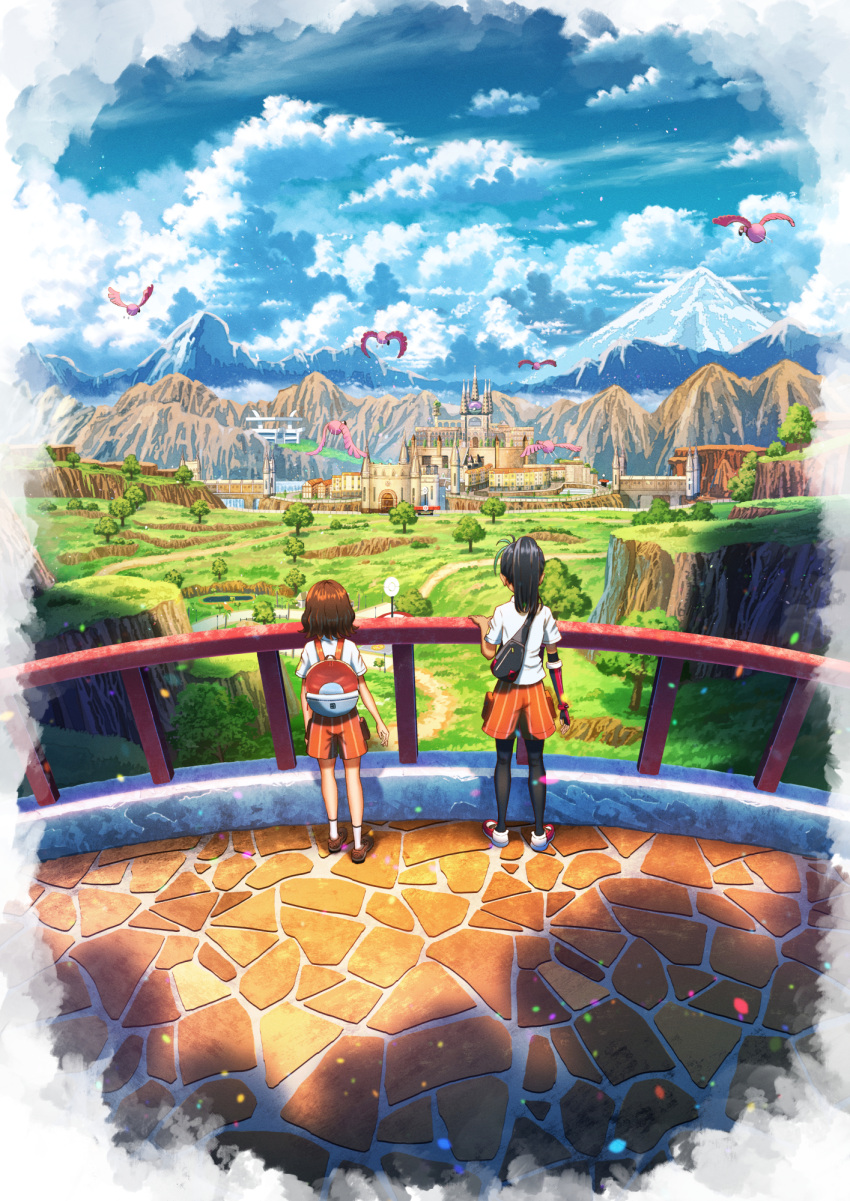 2girls, anna_(pokemon), backpack, bag, bird, black_hair, black_pantyhose, blue_sky