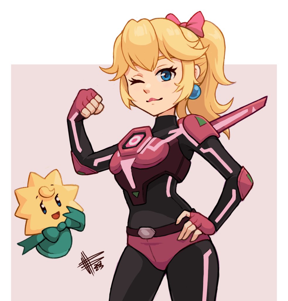 armor, black_leotard, blonde_hair, blue_eyes, earrings, fingerless_gloves, flexing, gloves, hair_ribbon, hand_on_own_hip, jewelry, leotard, mascot, mateus_upd, mecha_musume, one_eye_closed, open_mouth, ponytail, princess_peach, princess_peach:_showtime!, ribbon, simple_background, stella_(peach), super_mario_bros.
