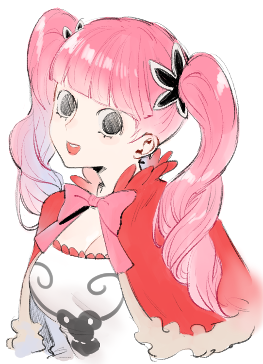 1girl, black_eyes, blunt_bangs, capelet, drill_hair, eyelashes, looking_at_viewer, one_piece