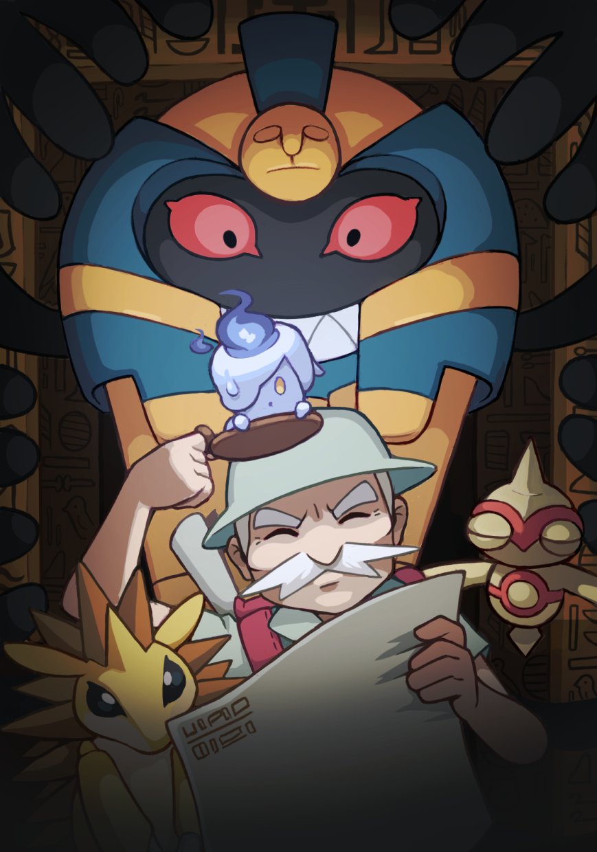 bag, baltoy, candle, candlelight, closed_eyes, cofagrigus, exploration, facial_hair