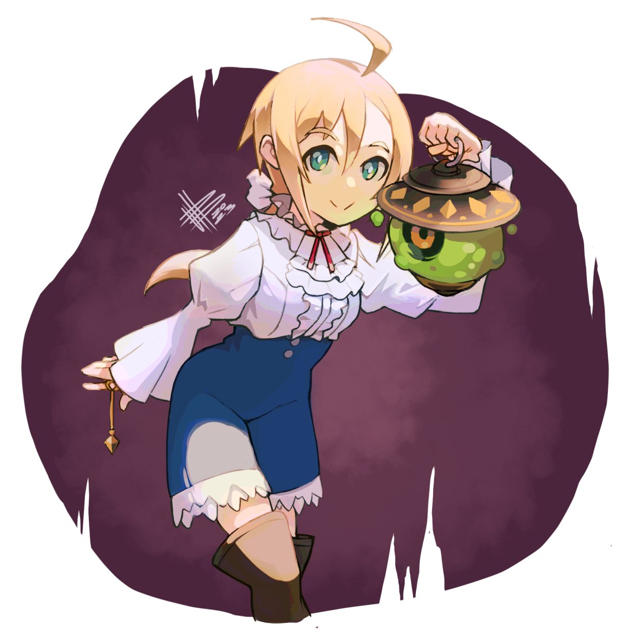 1girl, ahoge, blonde_hair, blue_skirt, brown_footwear, eureka_de_soleil, frilled_skirt, frills, galleria_no_chika_meikyuu_to_majo_no_ryodan, hair_ribbon, high-waist_skirt, highres, holding, lamp, long_hair, mateus_upd, ribbon, shirt, simple_background, skirt, white_ribbon, white_shirt