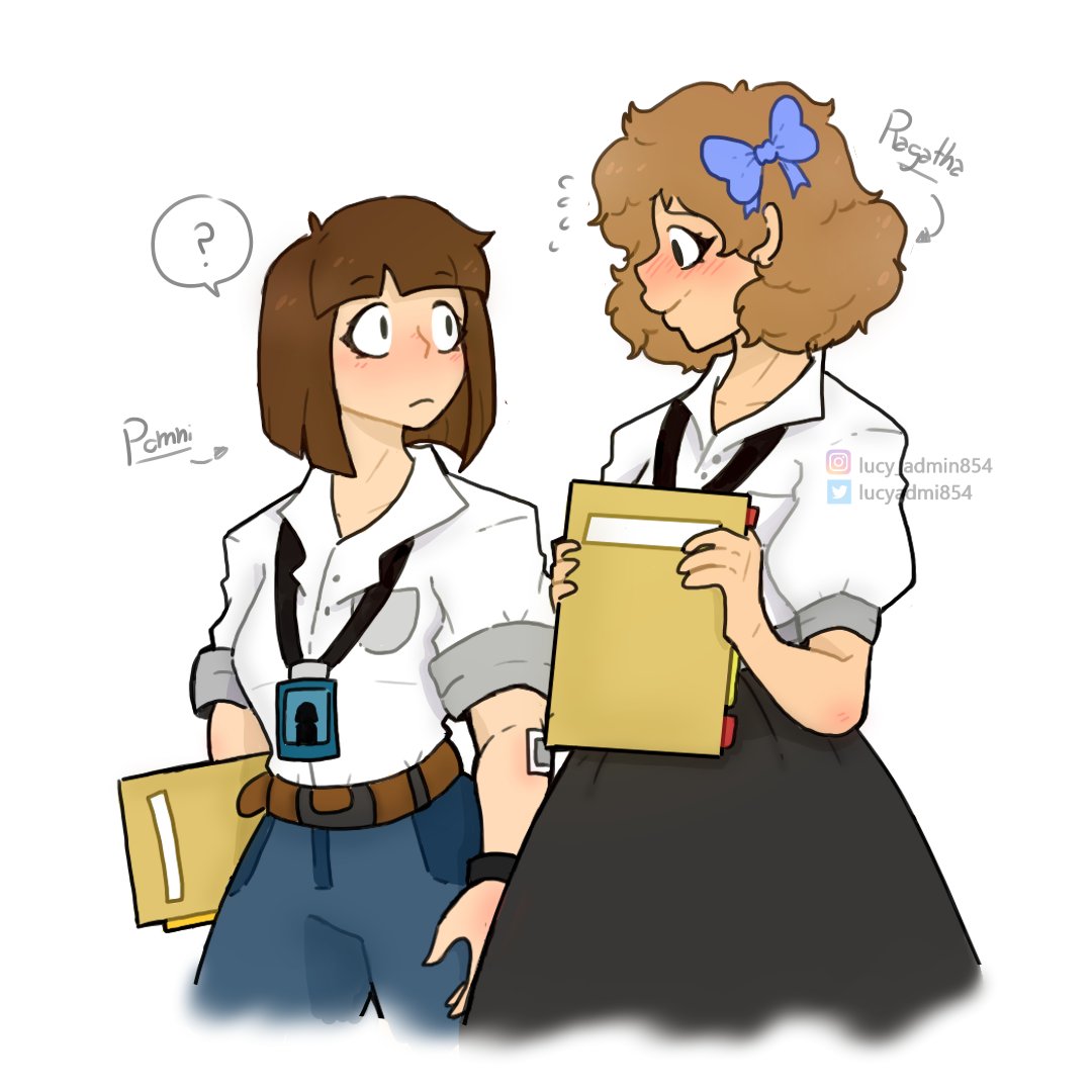 2girls, ?, alternate_form, artist_name, belt, black_skirt, blue_bow, blush, bow, breast_pocket, brown_hair, closed_mouth, collared_shirt, crossed_legs, denim, dress, flying_sweatdrops, folder, hair_bow, holding, holding_folder, humanization, id_card, jeans, lanyard, looking_at_another, lucyadmi854, multiple_girls, pants, pocket, pomni_(the_amazing_digital_circus), ragatha_(the_amazing_digital_circus), shirt, skirt, sleeves_rolled_up, smile, speech_bubble, the_amazing_digital_circus, watermark, white_background, wristband