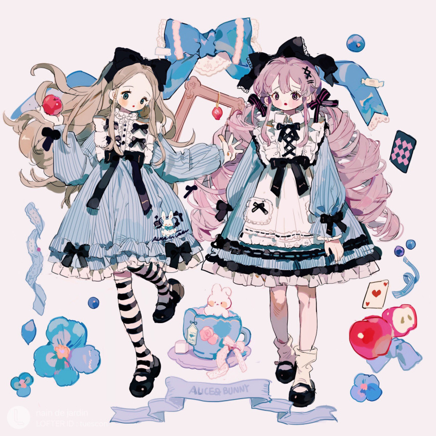 2girls, alice_in_wonderland, animal_print, apple, apple_slice, apron, banner, black_bow