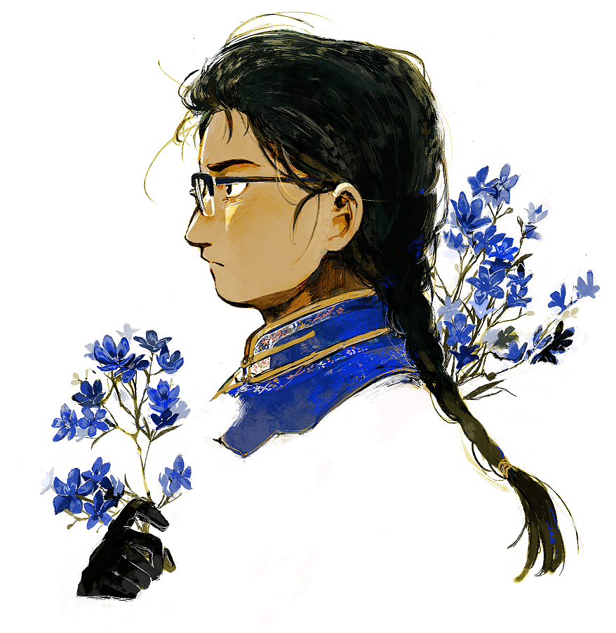 1boy, axis_powers_hetalia, black-framed_eyewear, black_gloves, black_hair, blue_theme, braid, braided_ponytail