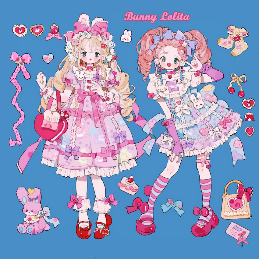 2girls, \m/, animal_ears, animal_print, ankle_cuffs, back_bow, bag, belt_buckle