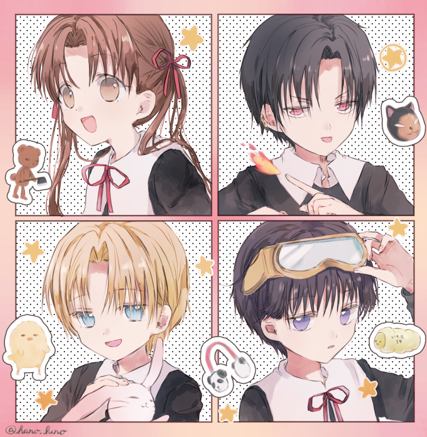 2boys, 2girls, :d, :p, adjusting_eyewear, bear, bird, blonde_hair