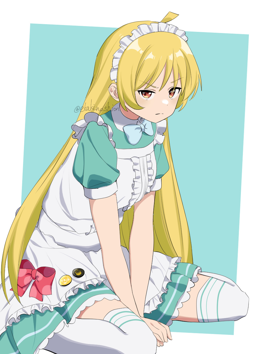 1girl, ahoge, alternate_costume, blonde_hair, blue_bow, bocchi_the_rock!, bow, dress, ekaki_no_shion, highres, ijichi_seika, kneeling, long_hair, looking_at_viewer, maid, maid_headdress, red_bow, red_eyes, thigh-highs, twitter_username, white_headwear, white_thighhighs