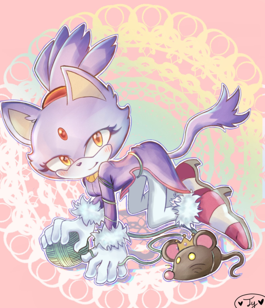 1girl, animal_ears, blaze_the_cat, cat_ears, cat_girl, cat_tail, eyelashes, forehead_jewel, fur-trimmed_footwear, fur-trimmed_gloves, fur_trim, gloves, gold_necklace, highres, jacket, jewelry, krystalstar70, looking_at_viewer, necklace, pants, pink_footwear, ponytail, purple_jacket, smile, sonic_(series), stuffed_animal, stuffed_mouse, stuffed_toy, tail, white_gloves, white_pants, yarn, yarn_ball, yellow_eyes