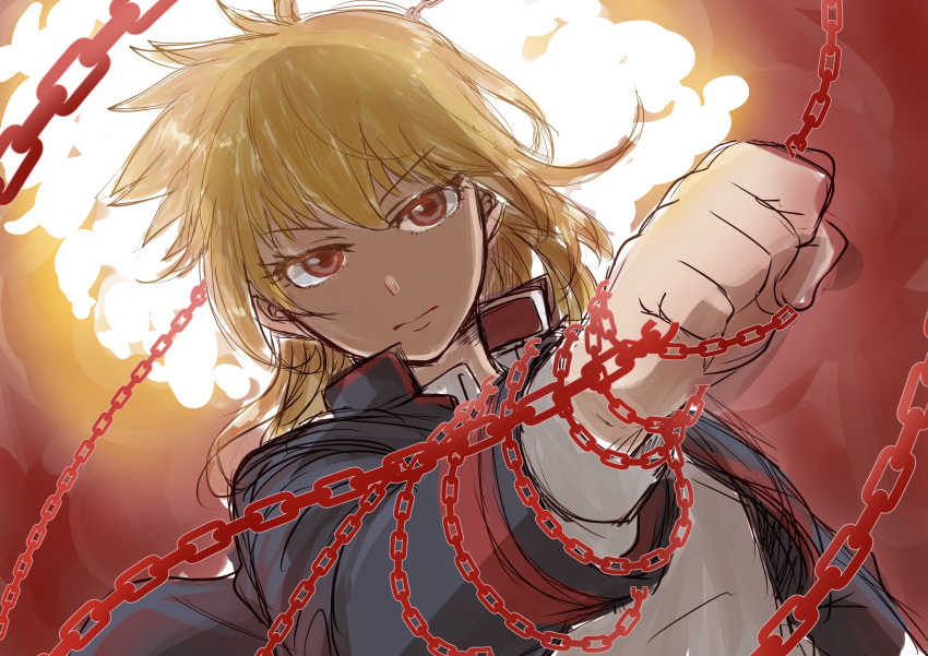 1other, absurdres, arc_(housamo), blonde_hair, chain, clenched_hand, closed_mouth, collared_shirt, commentary_request, gakuran, hair_between_eyes, highres, looking_at_viewer, medium_hair, nunutarou, other_focus, red_eyes, school_uniform, shirt, solo, tokyo_afterschool_summoners, unfinished, upper_body, v-shaped_eyebrows, white_shirt