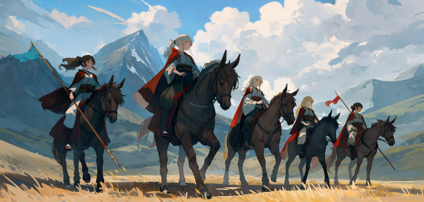 5girls, absurdres, blonde_hair, brown_hair, cape, cavalry, clouds, grass