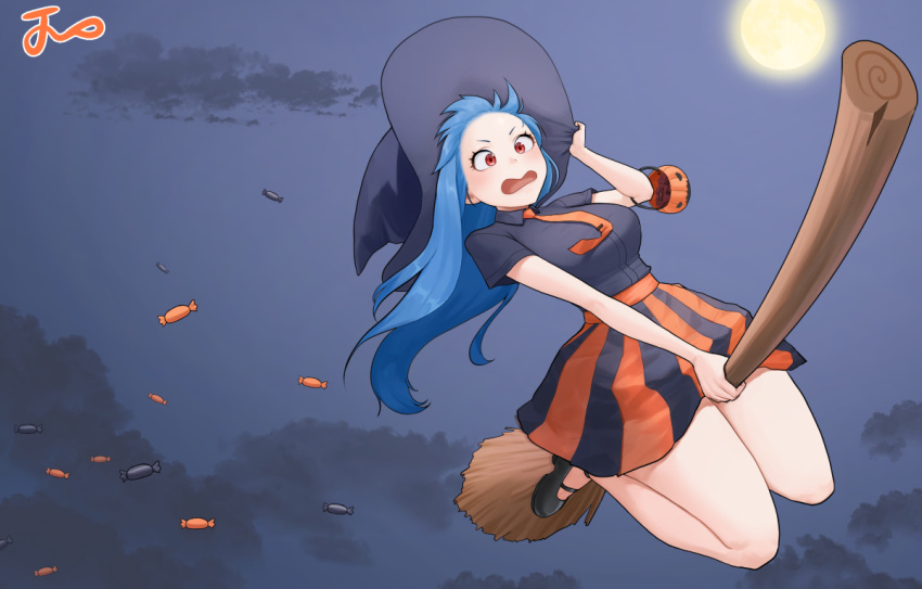 1girl, black_footwear, black_headwear, black_shirt, black_skirt, blue_hair, broom, broom_riding