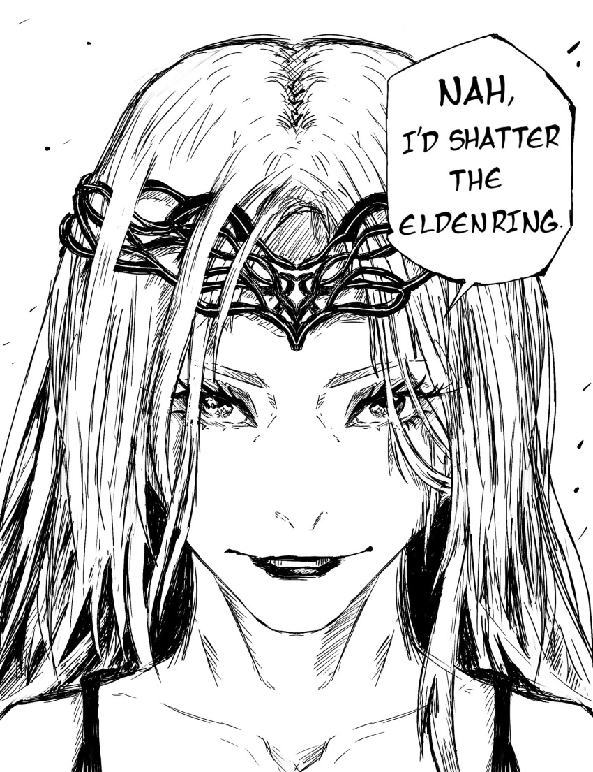 00osamio00, 1girl, collarbone, commentary, elden_ring, english_text, eyelashes, greyscale