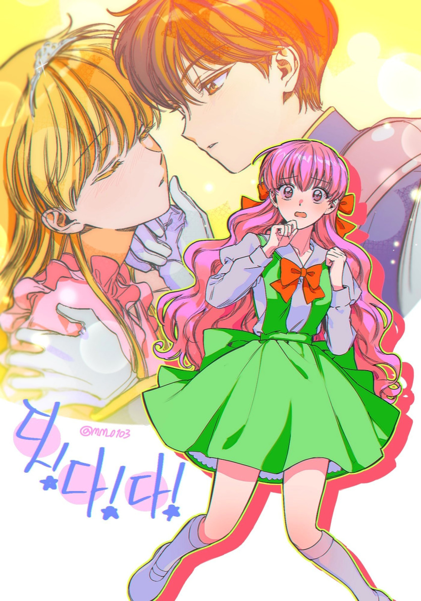 1boy, 2girls, blonde_hair, blue_shirt, bow, brown_eyes, brown_hair, closed_eyes