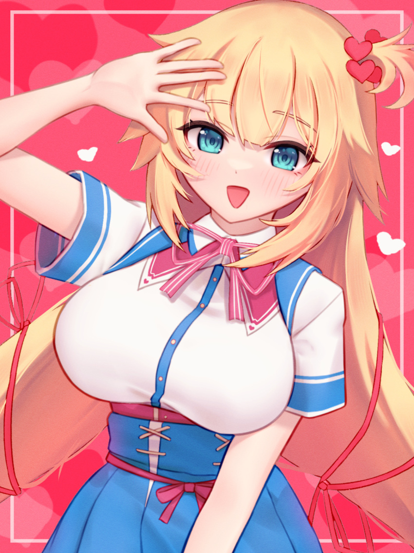 1girl, akai_haato, akai_haato_(1st_costume), arm_up, blonde_hair, blue_eyes, blue_skirt, blush