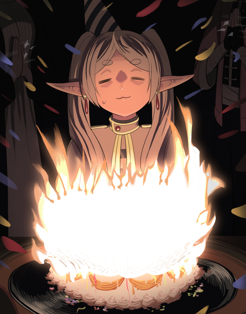 1boy, 2girls, :3, absurdres, bandaged_arm, bandages, birthday_cake, cake, capelet, closed_eyes, closed_mouth, confetti, doodle_shark, dress, earrings, elf, fern_(sousou_no_frieren), fingerless_gloves, fire, food, frieren, gloves, grey_hair, hat, highres, jewelry, multiple_girls, party_hat, pointy_ears, sousou_no_frieren, stark_(sousou_no_frieren), twintails, white_capelet, white_dress
