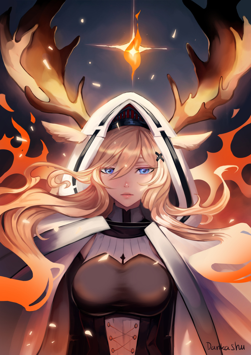 absurdres, animal_ears, antlers, antlers_through_headwear, antlers_through_hood, arknights, cape, dankashu